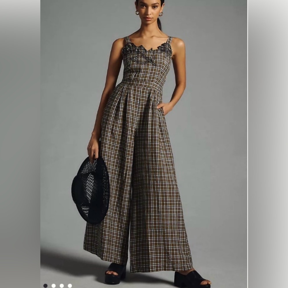 Anthropologie Plaid Jumpsuit in Brown and Black